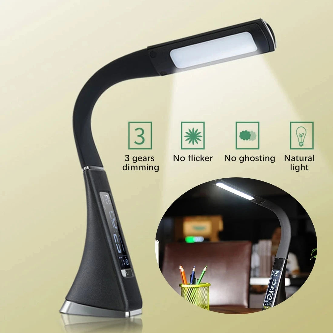 USB LED Desk Lamp with Calendar Temperature Alarm Clock