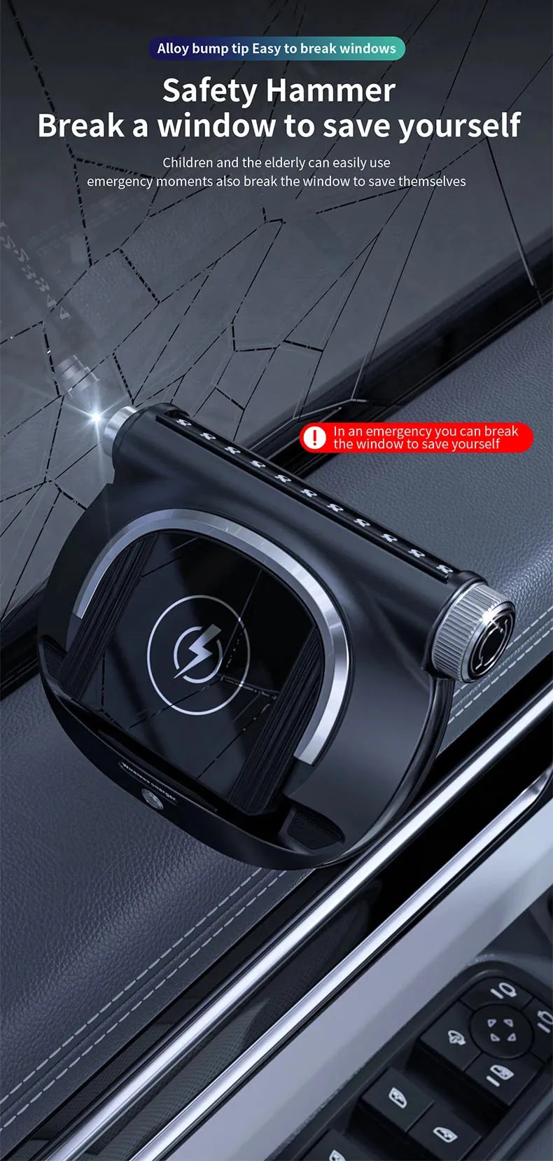 Multifunctional car wireless charger - Aromatherapy - broken window safety hammer