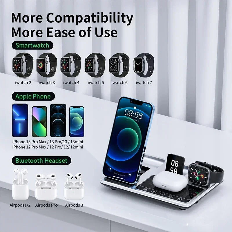 5IN1 Alarm Clock Wireless Charger for Iphone 15 14 13 12 11 Pro Max XS