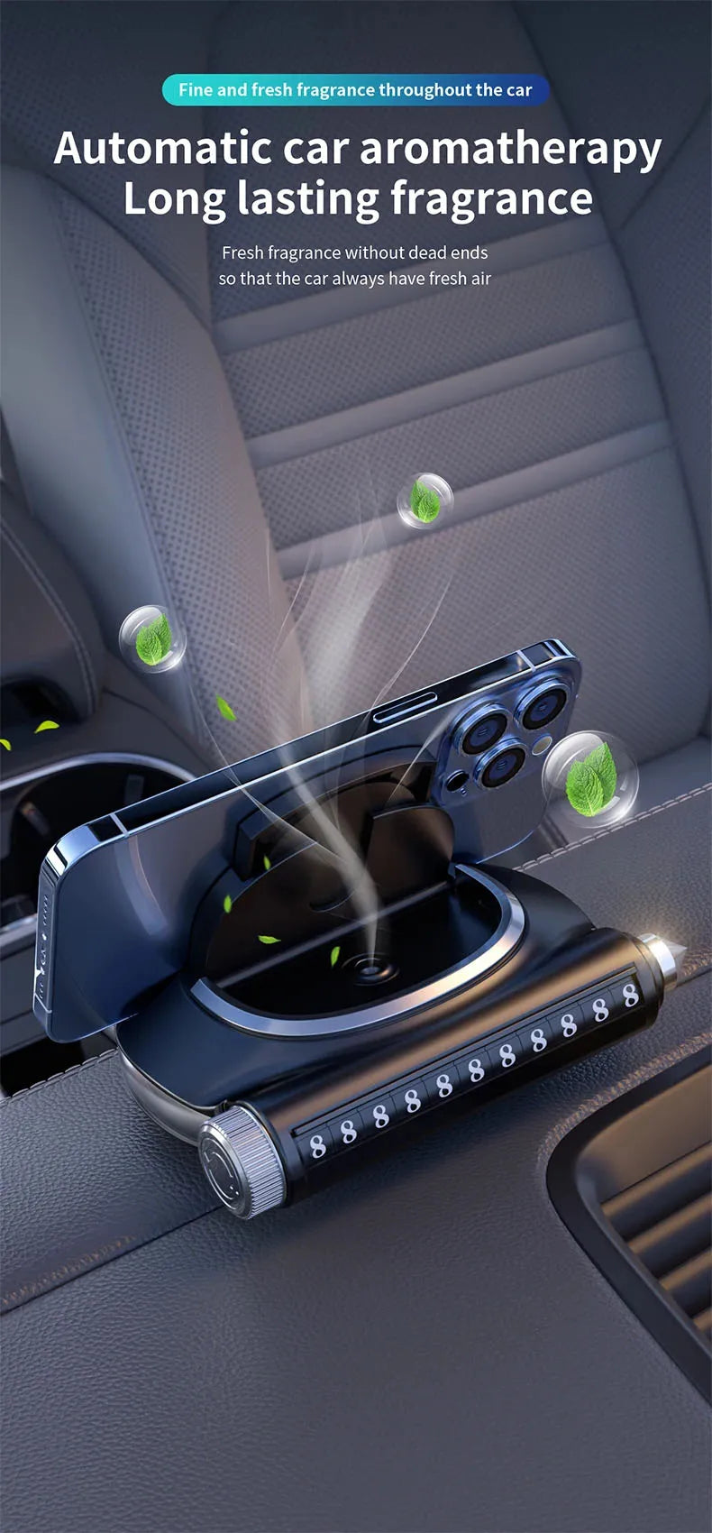 Multifunctional car wireless charger - Aromatherapy - broken window safety hammer