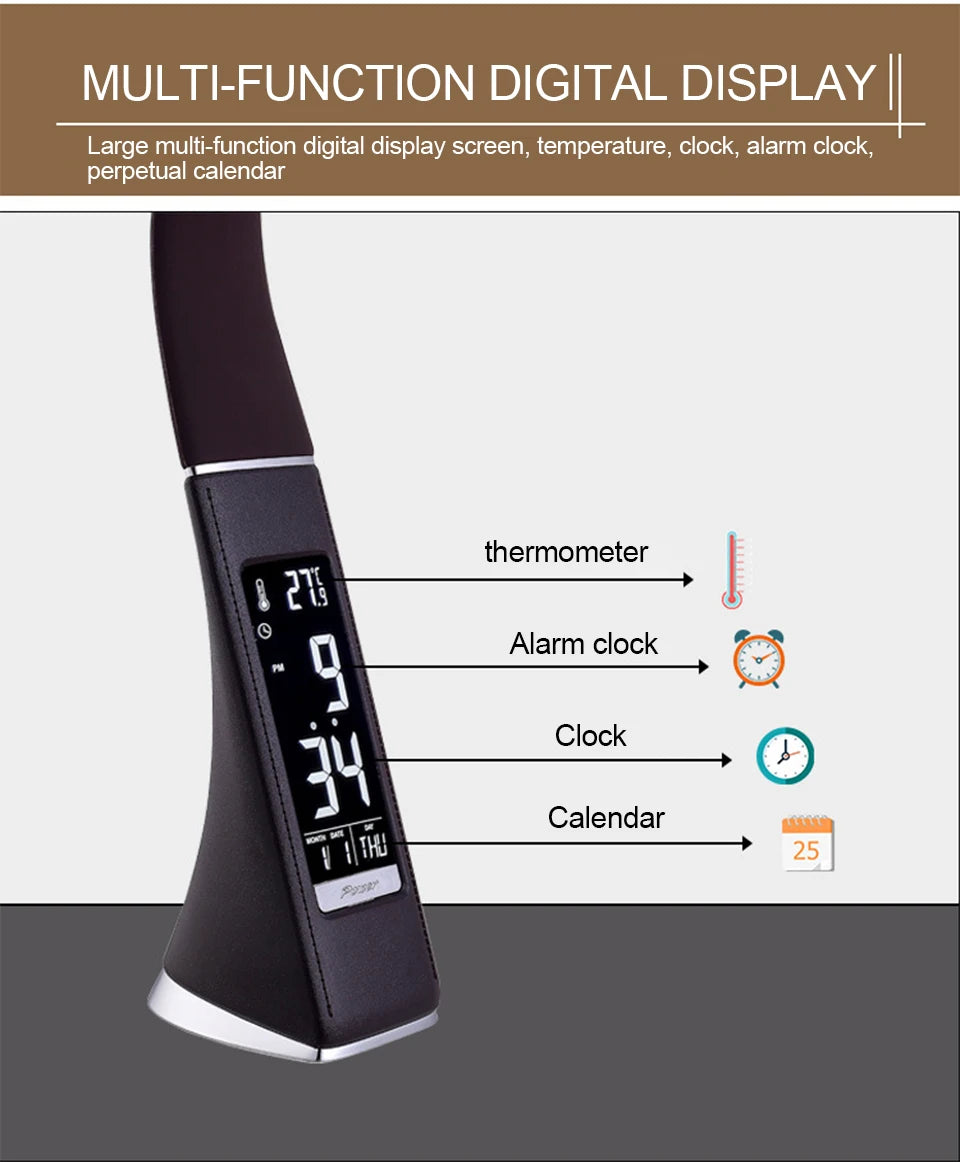 USB LED Desk Lamp with Calendar Temperature Alarm Clock