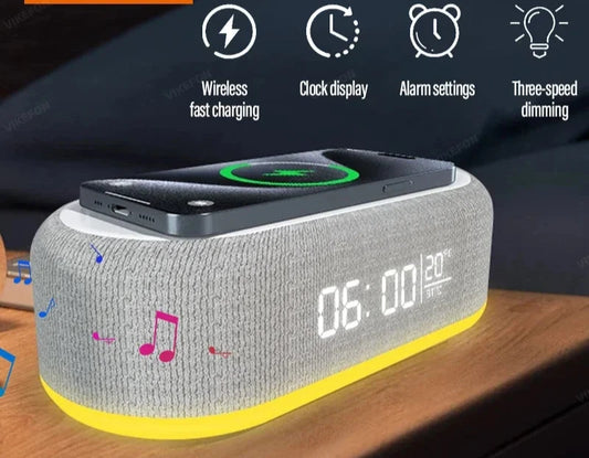 6 in 1 Wireless Charger Pad Bluetooth Speaker Alarm Clock LED Light Thermometer Earphone