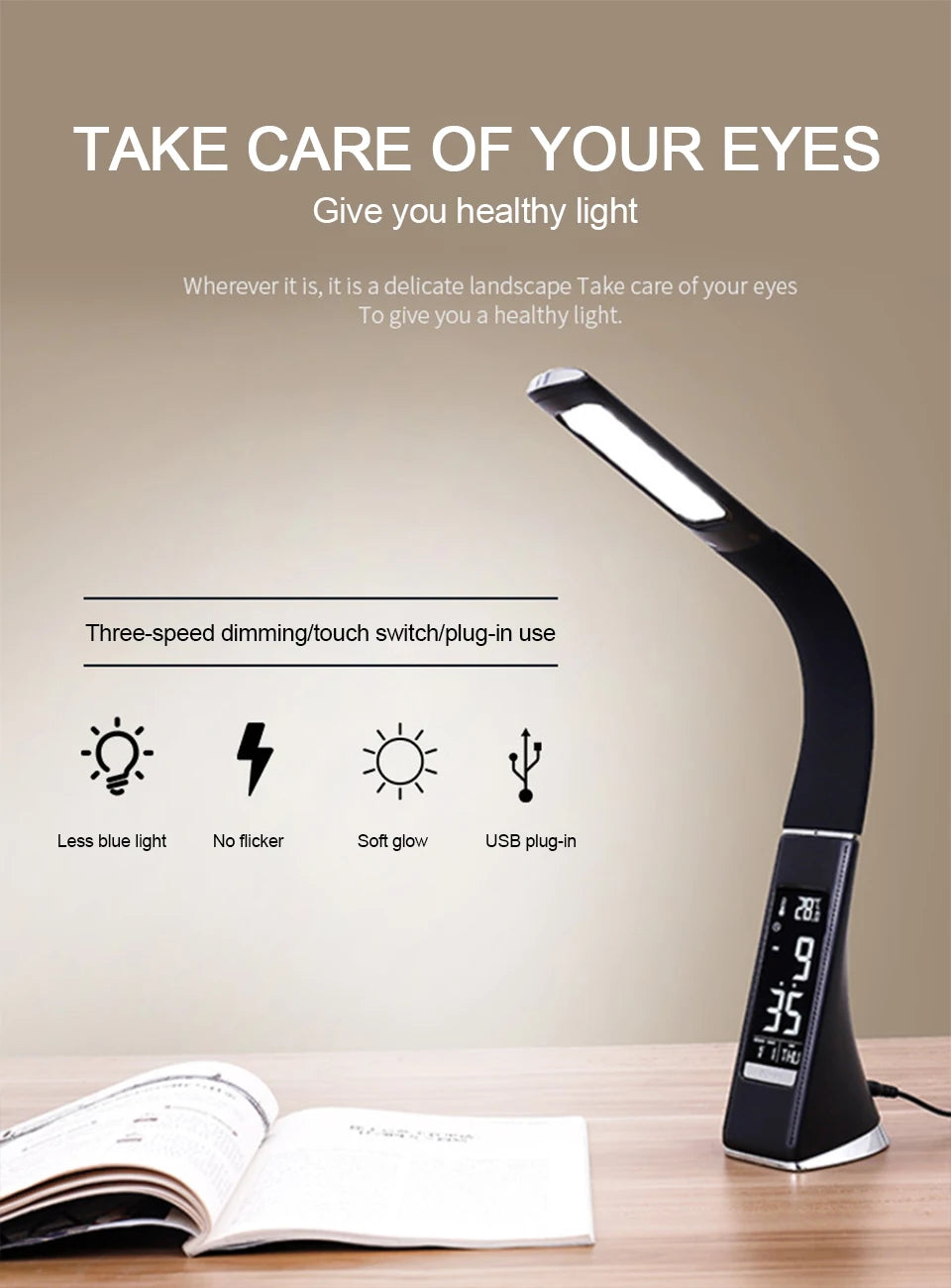 USB LED Desk Lamp with Calendar Temperature Alarm Clock